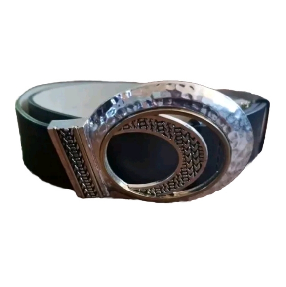 Chicos Chunky Black Leather Belt Adjustable Waist Silver Clasp Buckle Size M/L - Picture 2 of 13